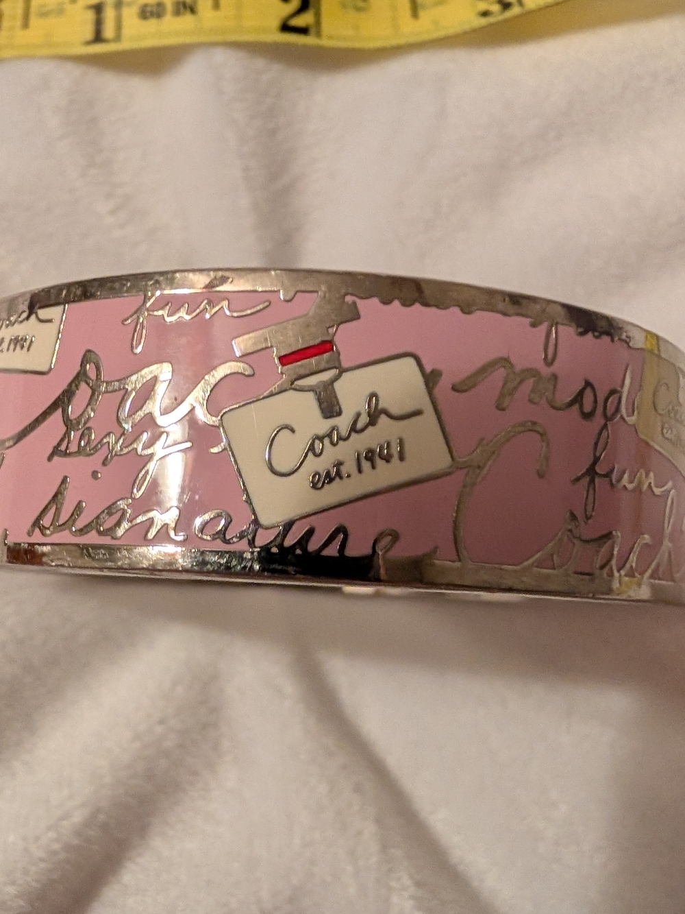 Coach Pink Script Perfume Bottle Enamel Bangle Bracelet Pink Silver Like New - Picture 4 of 13